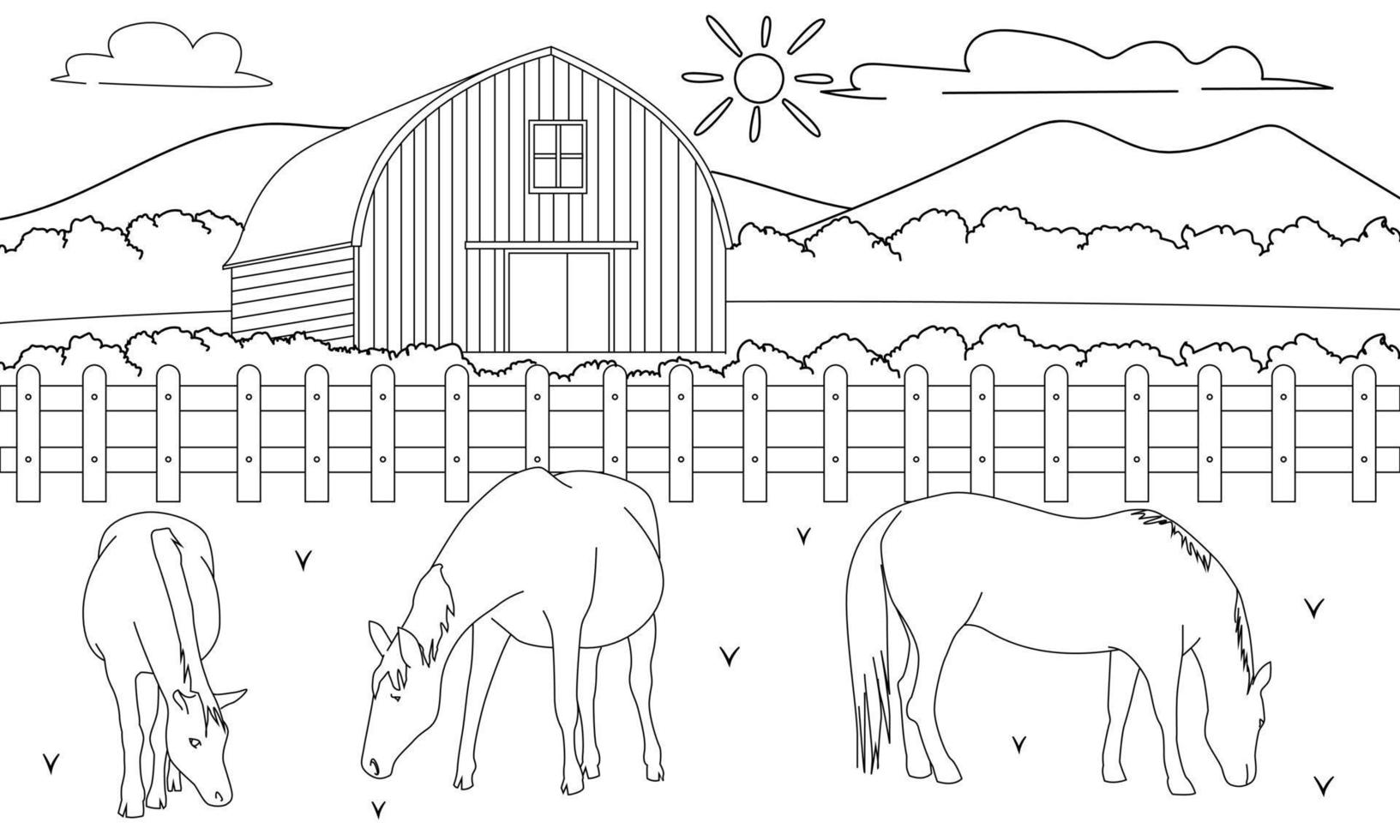 cena de fazenda de ilustração para colorir infantil com cavalos